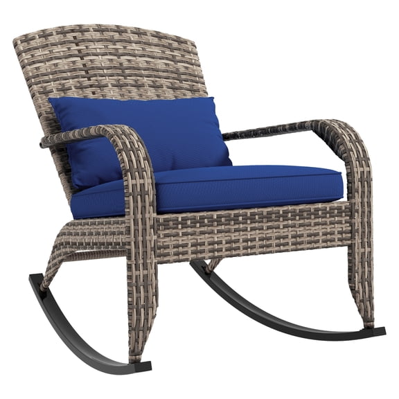 Outdoor Wicker Adirondack Rocking Chair, Patio Rattan Rocker Chair with High Back, Seat Cushion, and Pillow for Garden, Porch, Balcony, Dark Blue