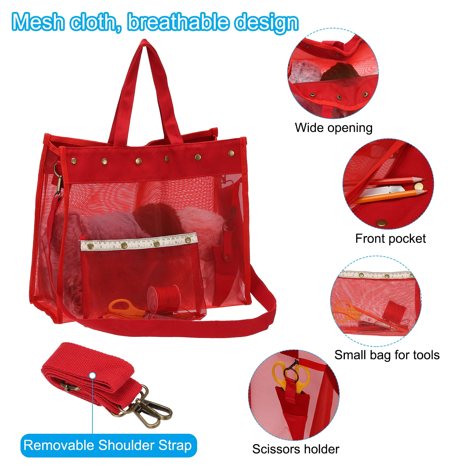 Uxcell Crochet Bag for Yarn Storage, Large Size Knitting Organizer Detachable Mesh Yarn Case Holder with Strap, Red