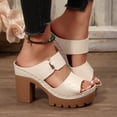 thumbnail image 3 of Rokment Womens Platform High Heels Dressy Slides Slippers Sandals Ladies Fashion Casual Leather Chunky Block Heeled Slip on Dress Summer Shoes Business Office Work White Size 7, 3 of 6