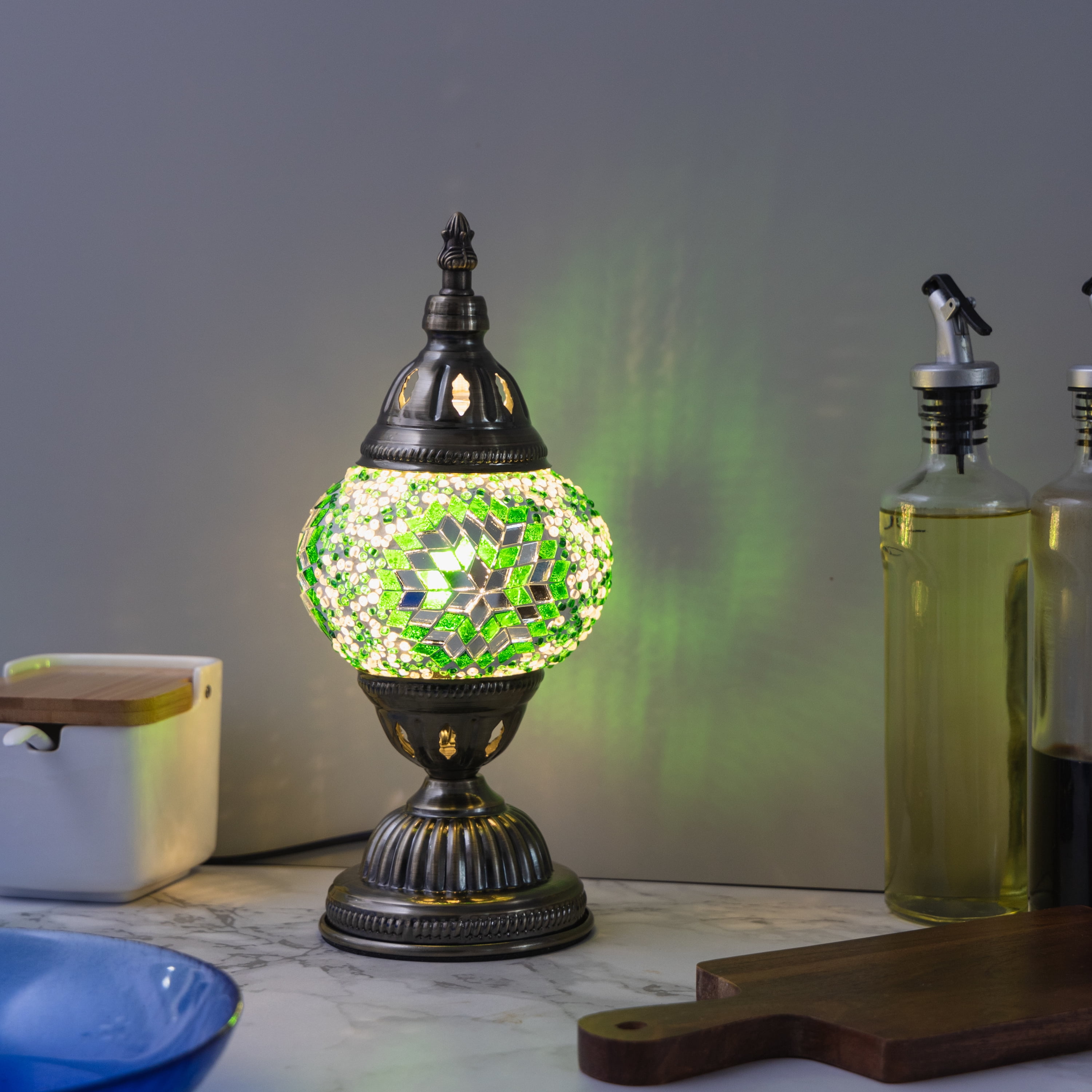 KRAFTSTORIES Turkish Mosaic Lamp Kit DIY Glass Decorative Table Bedside Night Light Tabletop for Living Room Bedroom | Make Your Own Lamp | Antique Bronze Base (Green)