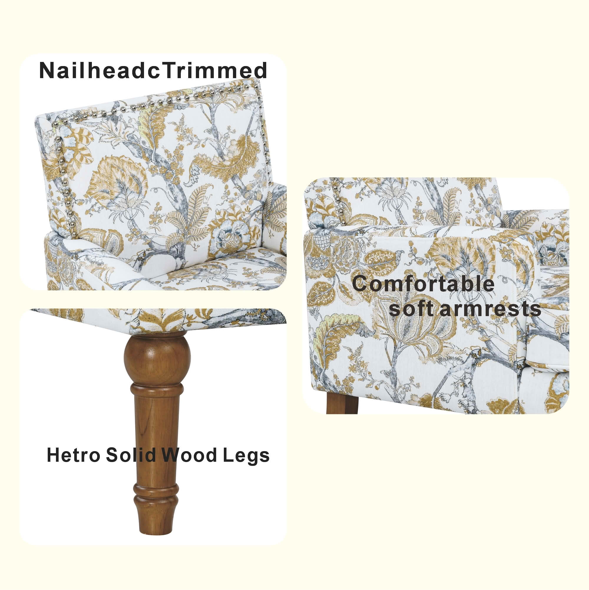 MAYEERTY 29 In Floral Accent Armchair, Farmhouse Upholstered, Nailhead Trim, Wood Legs, Earthy Yellow