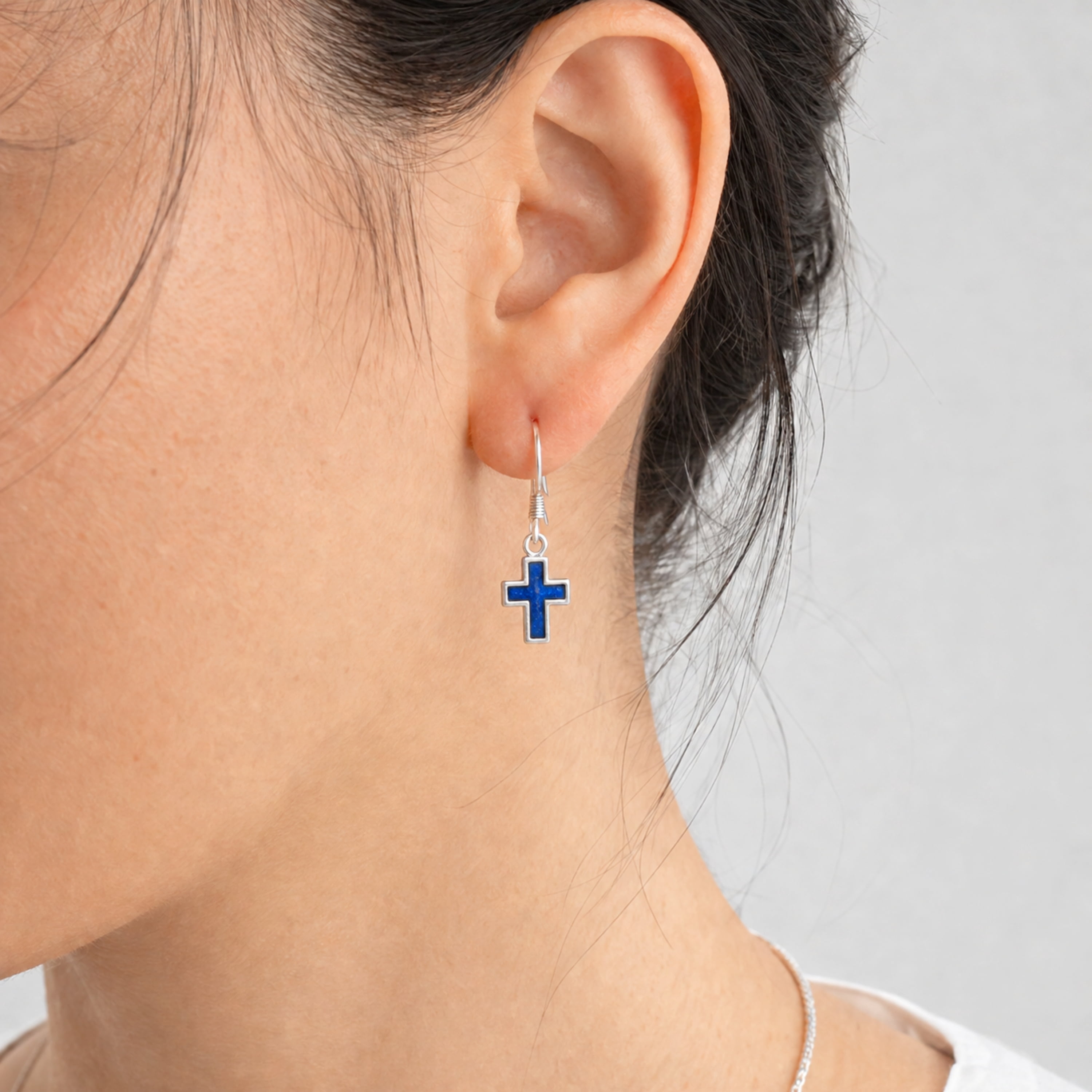 Echmeck 925 Sterling Silver Blue Lapis Lazuli Cross Dangle Earrings for Women - Handmade