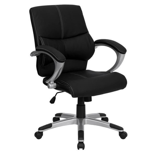 Mid-Back Black Leather Contemporary Swivel Manager's Office Chair with Arms