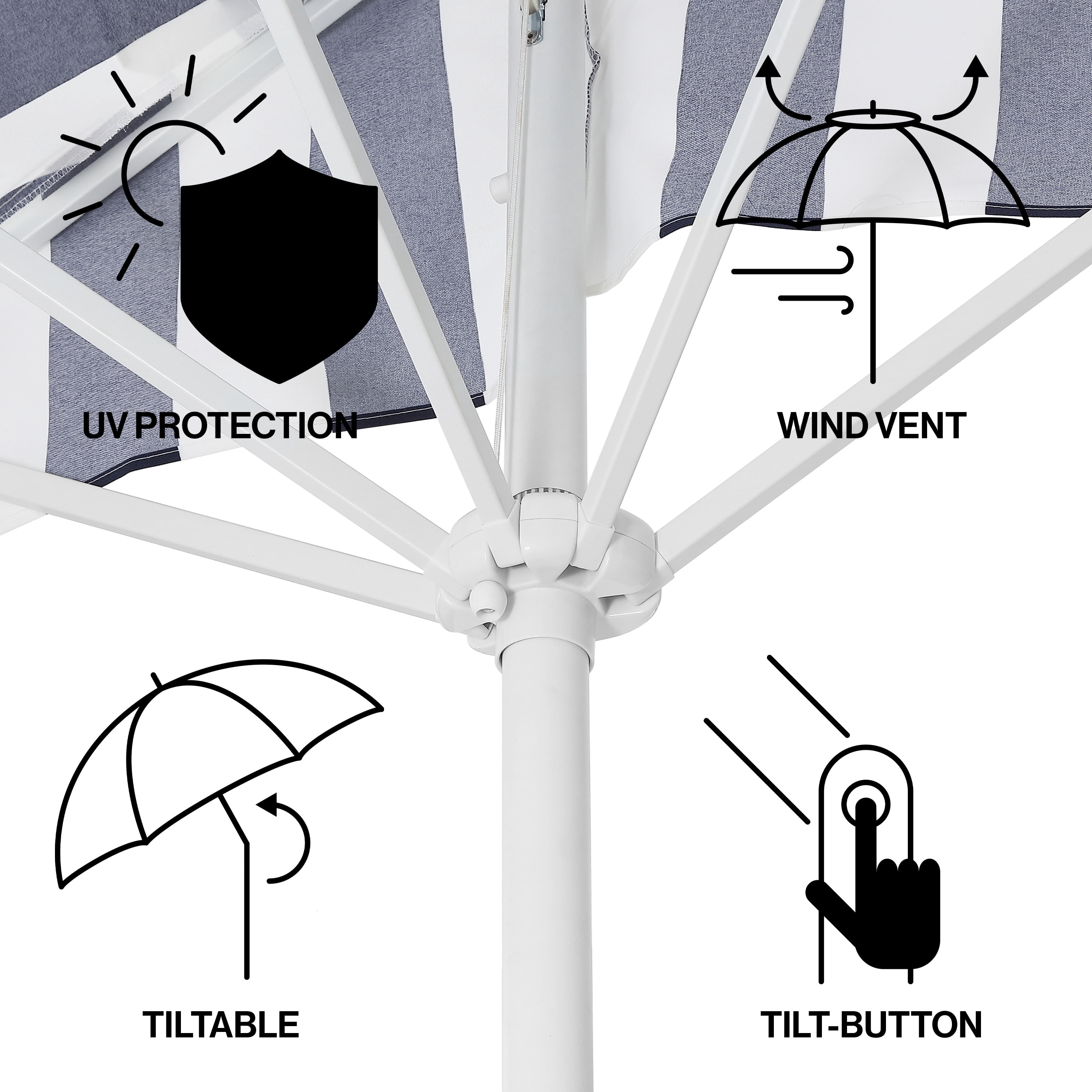 JONATHAN Y Beverly 9 ft. Half Market Patio Umbrella, Designer Classic Scalloped Fringe with Crank, Tilt Button and UV Protection, Navy/White, White Pole