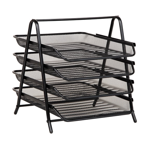 Mind Reader 4-Tier Paper Tray Organizer, Desktop File Sorter with Handle, Document Storage, Slide-Out Trays, Metal Mesh, Black
