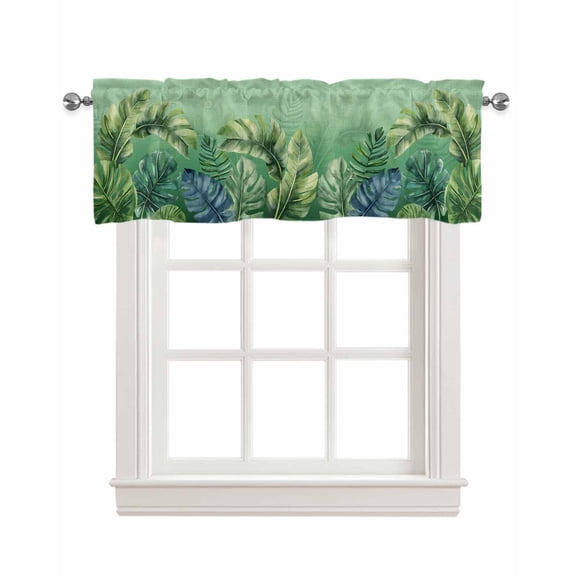 Green Leaves Kitchen Valances for Windows Farmhouse Linen Window Valance Curtain for Living Room Window Treatment Watercolor Farmhouse Tropical Plants Valance Rod Pocket Topper Drape, 42 x 12 Inch