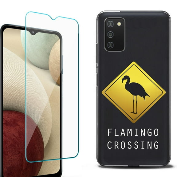 Slim-Fit Protective Fashion Phone Case (Black) for Samsung Galaxy A03s, with Tempered Glass Screen Protector, by OneToughShield ® - Flamingo