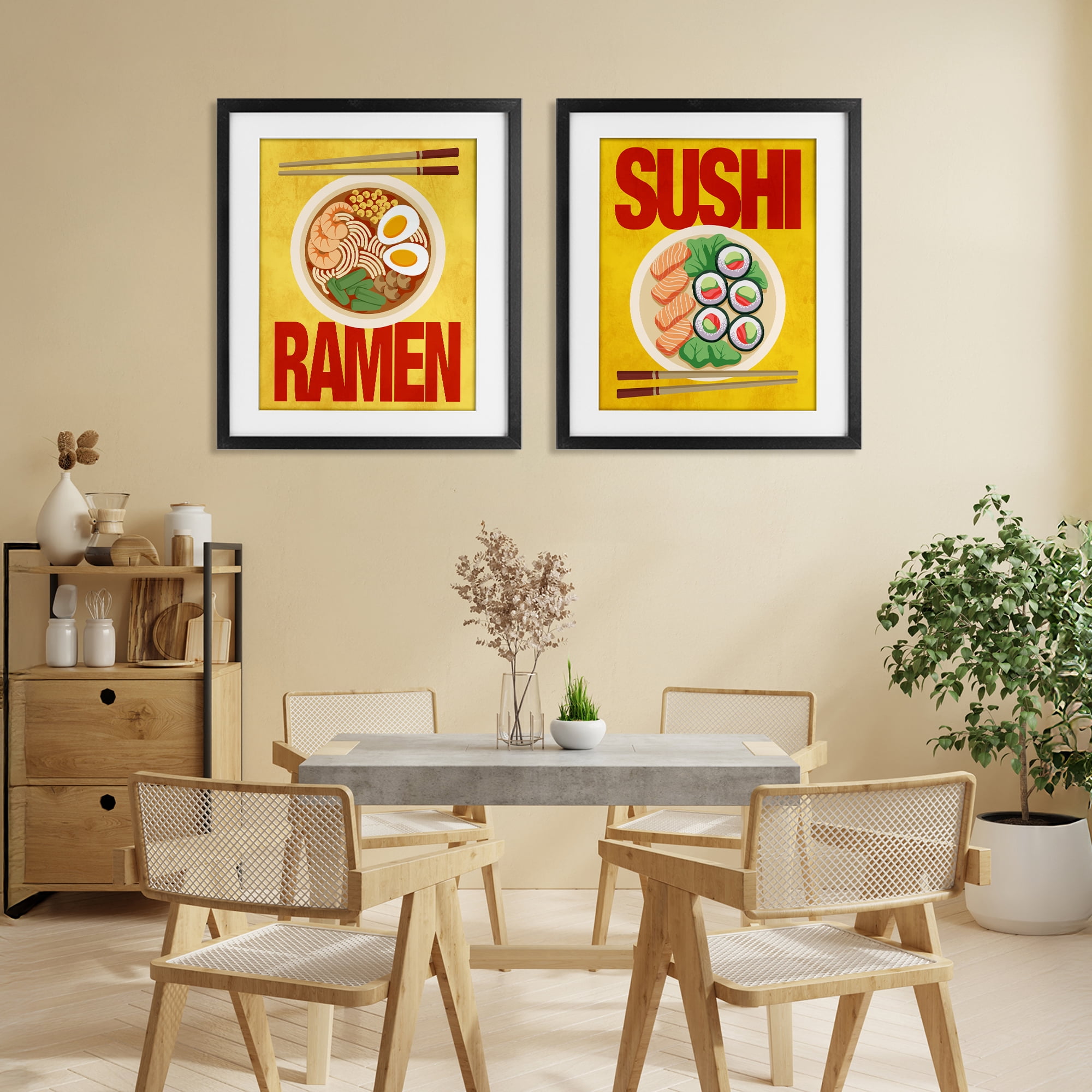 Stupell Industries Ramen & Sushi Japanese Cuisine 2 Piece Black Framed Print Under Glass Set, design by Marcus Prime