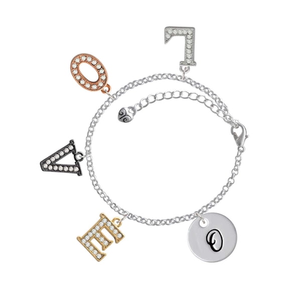 Delight Jewelry Silvertone Large Script Letter - O - 3/4'' Disc - Multi-Colored Crystal Love Charm Bracelet