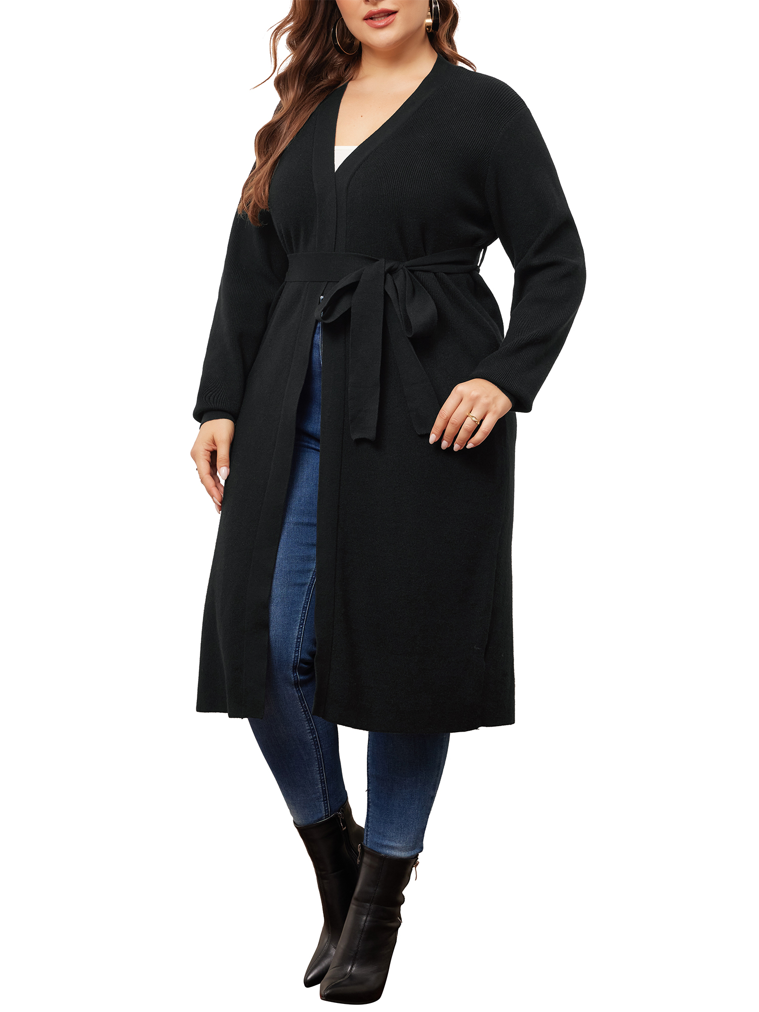DARING DIVA Plus Size Sweater Knit Long Sleeve Belted Overwear 1X Black