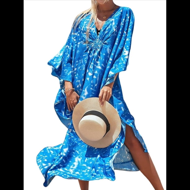 Vestido Caftán con Estampado Animal para Mujer, Talla Grande, para Playa, Verano 2025 Azul Talla Única