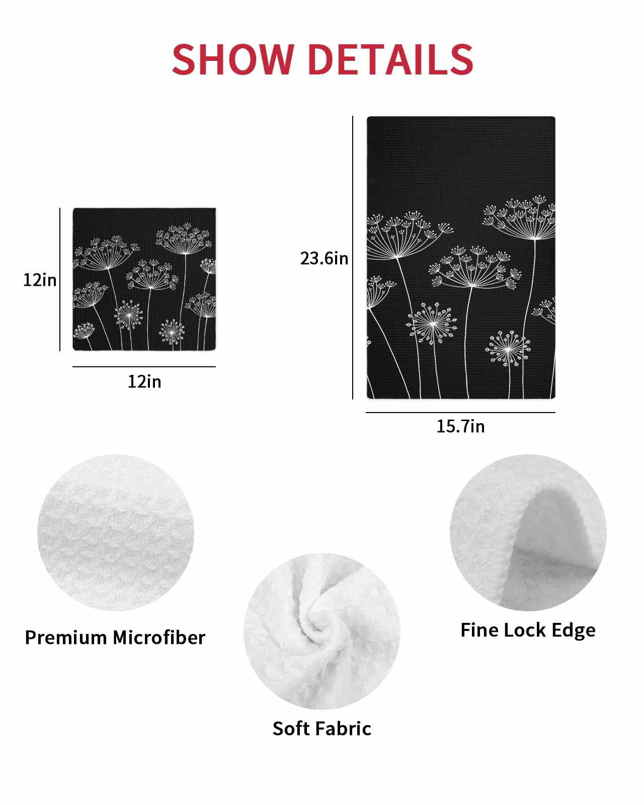 Black Dandelion Kitchen Dish Towels for Drying Dishes Set of 2, Spring Modern Minimalist Country Flower Waffle Weave Microfiber Hand Tea Bathroom Towels Quick Dry & Absorbent Towel 15.7x23.6