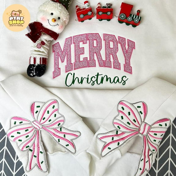 Merry Christmas Side Bow Embroidered Sweatshirt, christmas crewneck bows, Side Bow Applique, bow sweatshirt christmas, christmas side bow