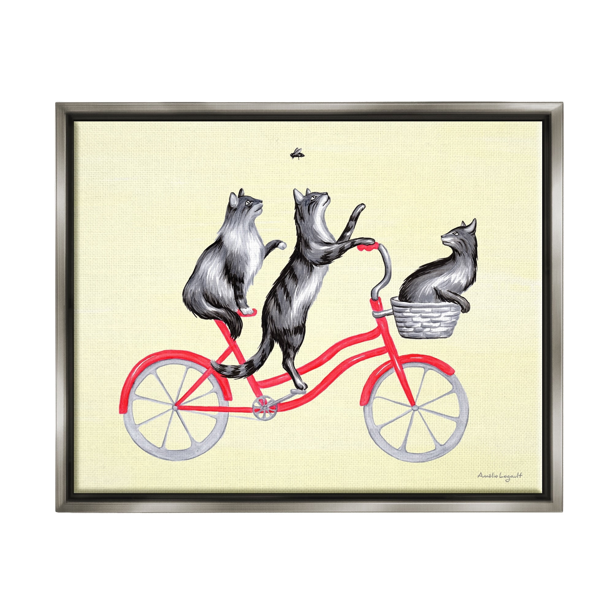 Stupell Industries Playful Cats Riding Red Bicycle Buzzing Bee Graphic Art Luster Gray Floating Framed Canvas Print Wall Art, Design by Amelie Legault