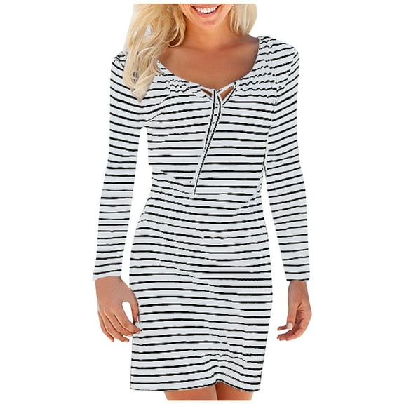 Women's Striped Long Sleeve Short Mini Dress V Neck Lace up Casual Bodycon Dress Slim Fit Comfy T Shirt Tunic Dress