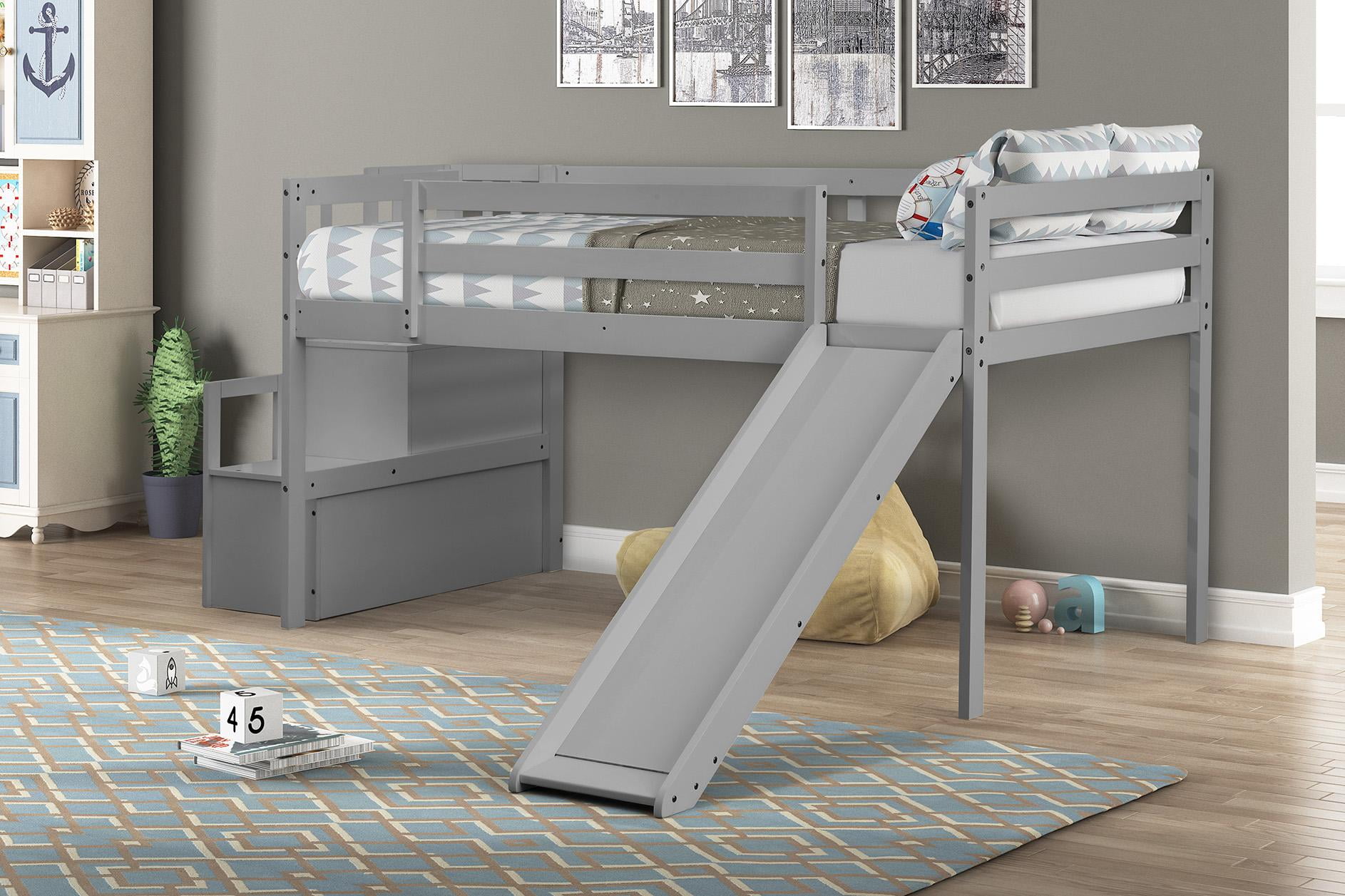 Loft Bed with Staircase and Slide, Spacious Design for Storage and