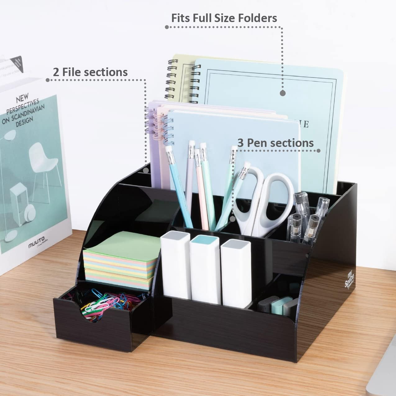 Black Desk Organizer With 9 Compartments - Desktop Office Supplies And Accessories