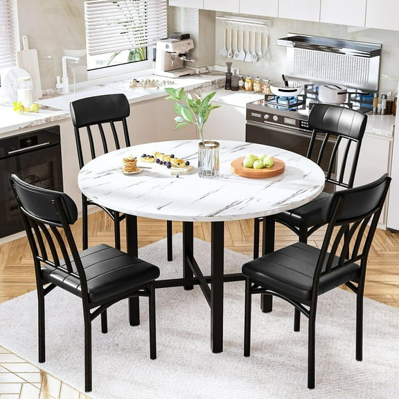 Cvortll 5-Piece Round Dining Table Set for 4, Modern Kitchen Table and Chairs Set with Faux Marble Top, Space-Saving Dining Room Table Set for Apartments and Small Spaces, White