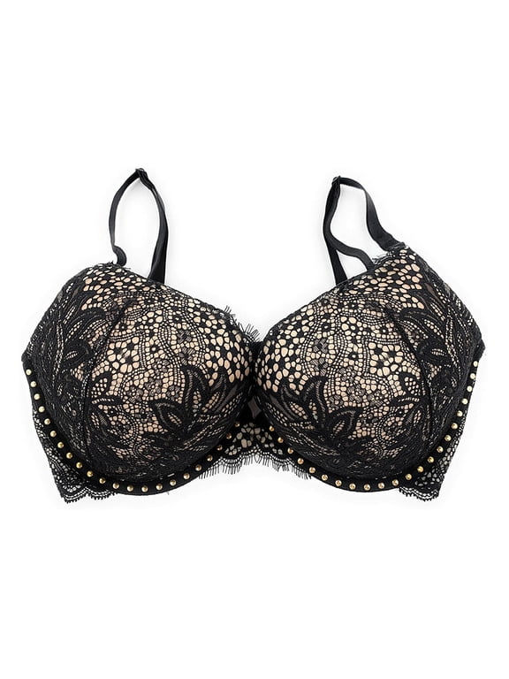 Bombshell Add 2 cup sizes Plunge Bra Black Lace Studs 34A NWT