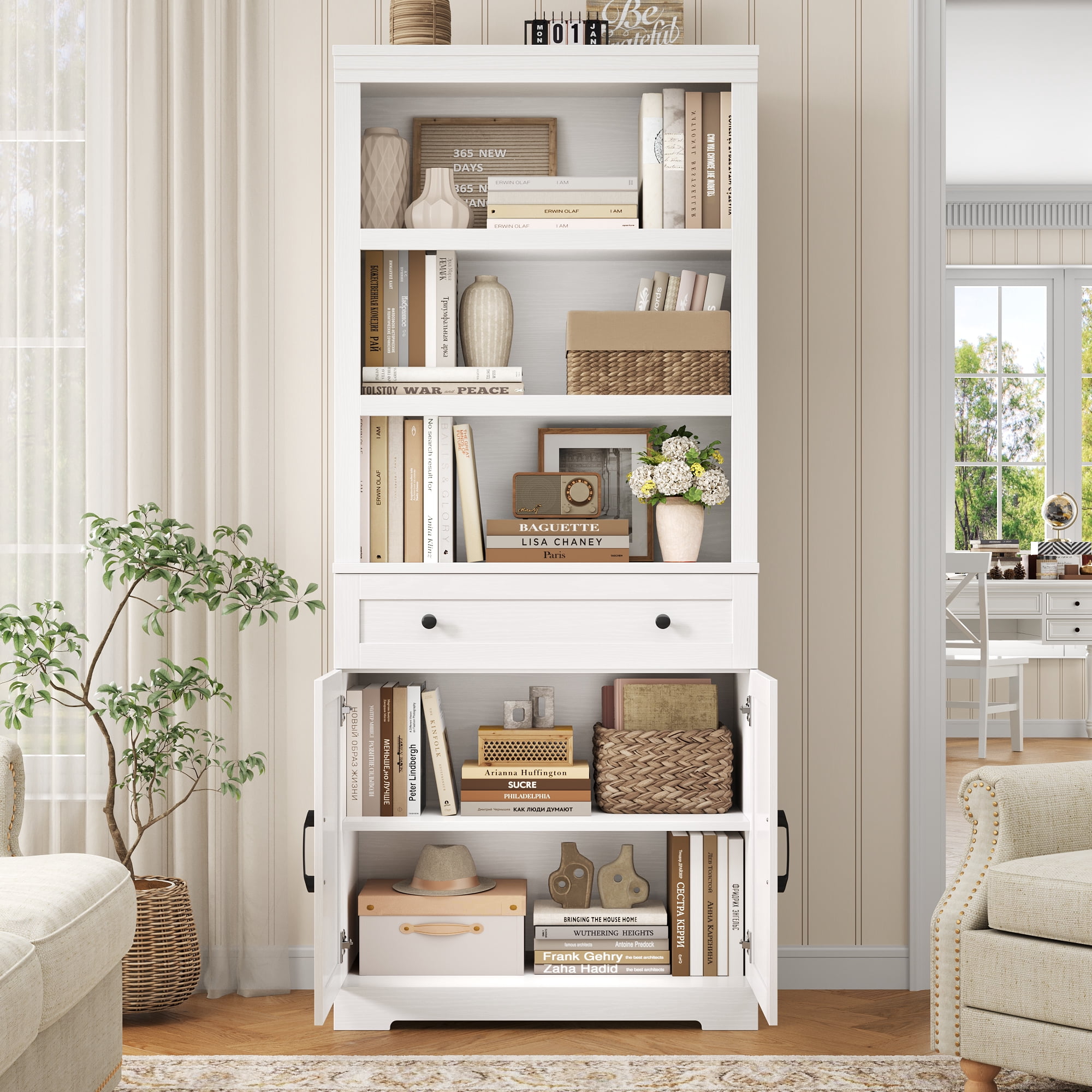 Hiphuta Bookcase with Doors, 71.6"Tall bookshelves with Storage, 5 Shelf Display Storgae Shelves, Bookshelves and Bookcases with 2 Doors for Home Office, Living Room, Bedroom, White