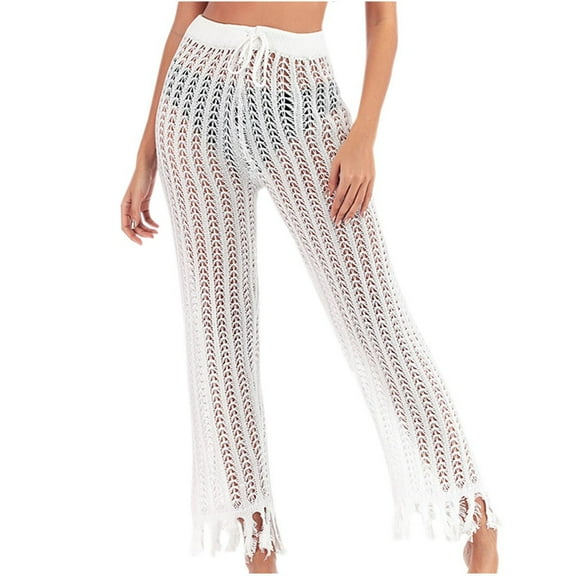 JIUKE Womens Beach Pants Crochet Cover up Pants Hollow out High Waist Casual Knit Summer Swimsuit Pants