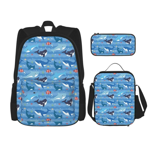 Easygdp Blue Fish Mochila para Niños y Niñas con Set de Caja de Almuerzo y Estuche para Lápices 3 en 1, Mochila Escolar Estampada para Adolescentes
