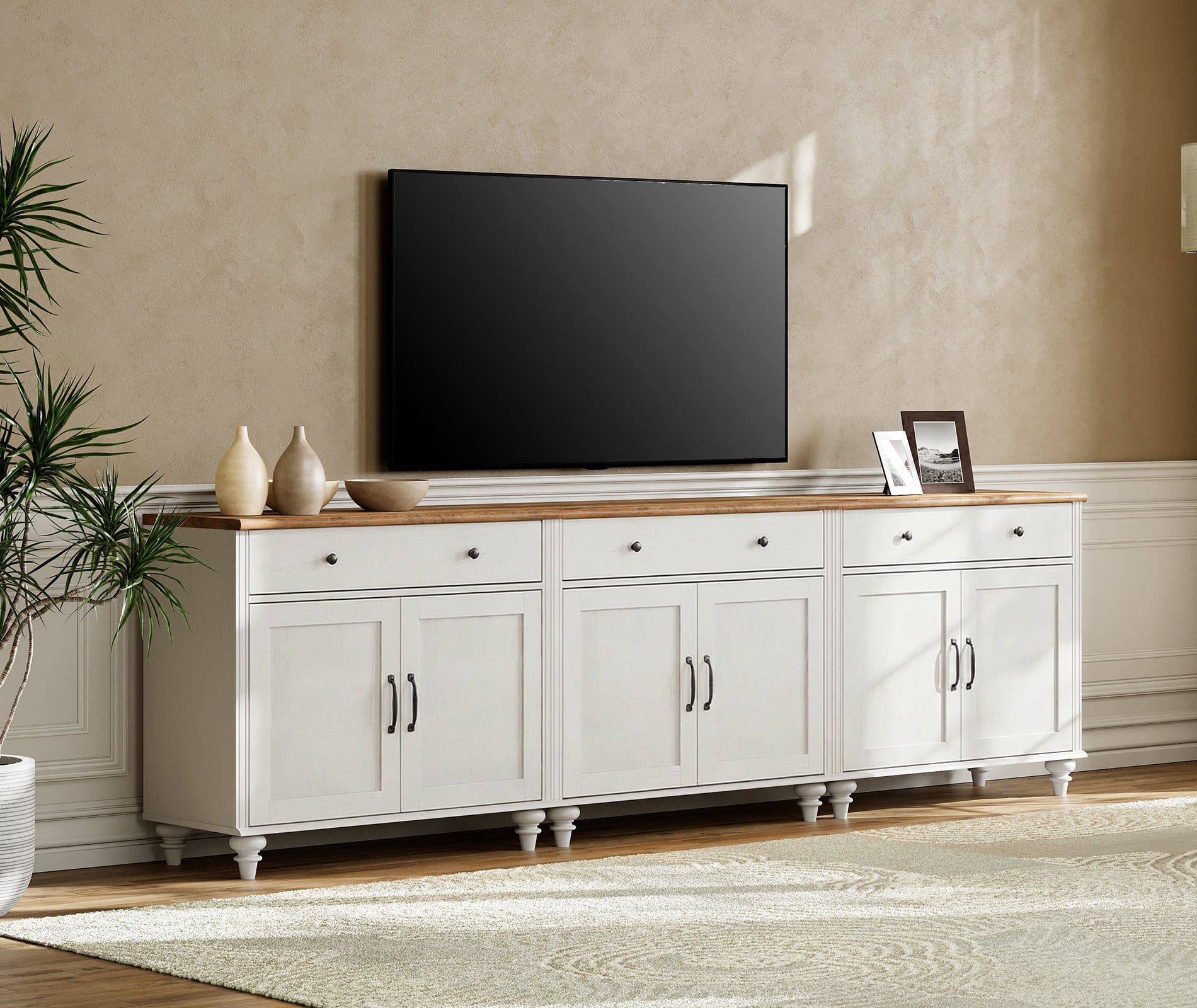 Credenzas & Sideboards with 6 Doors and 3 Drawers, Large Coffee Bar Table Wooden Kitchen Storage Cabinets, Modern Farmhouse Buffet Cabinet for Dining Room, White, 101 Inch