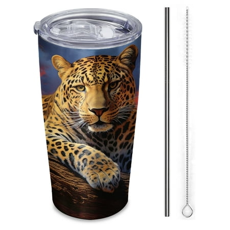 

majestic leopard lounging on the branch of tree Insulated Travel Tumbler 20 oz Car Cup with Reusable Straw & Brush Hot & Cold Beverage Cup for Office/Outdoor