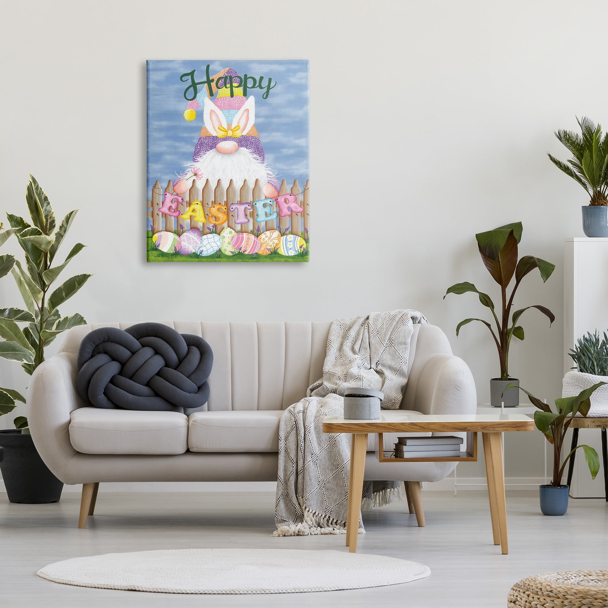 Stupell Happy Easter Garden Gnome Eggs Holiday Painting Gallery Wrapped Canvas Print Wall Art