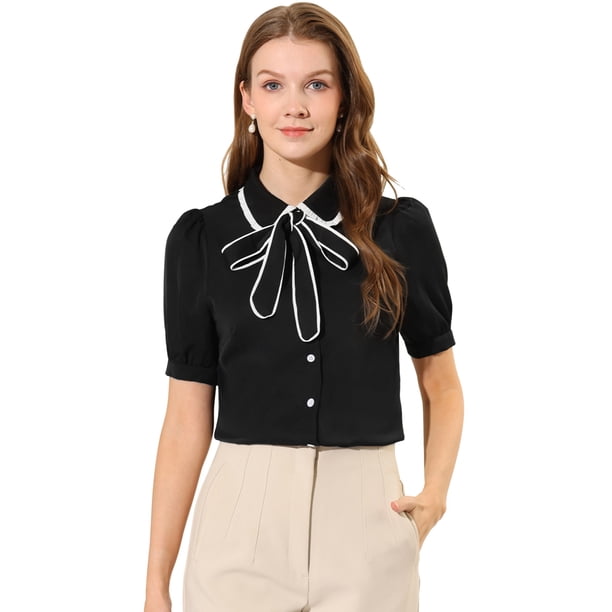 Blusa de Trabajo Allegra K con Cuello Abullonado y Cuello Peter Pan Para Mujer Negro XL