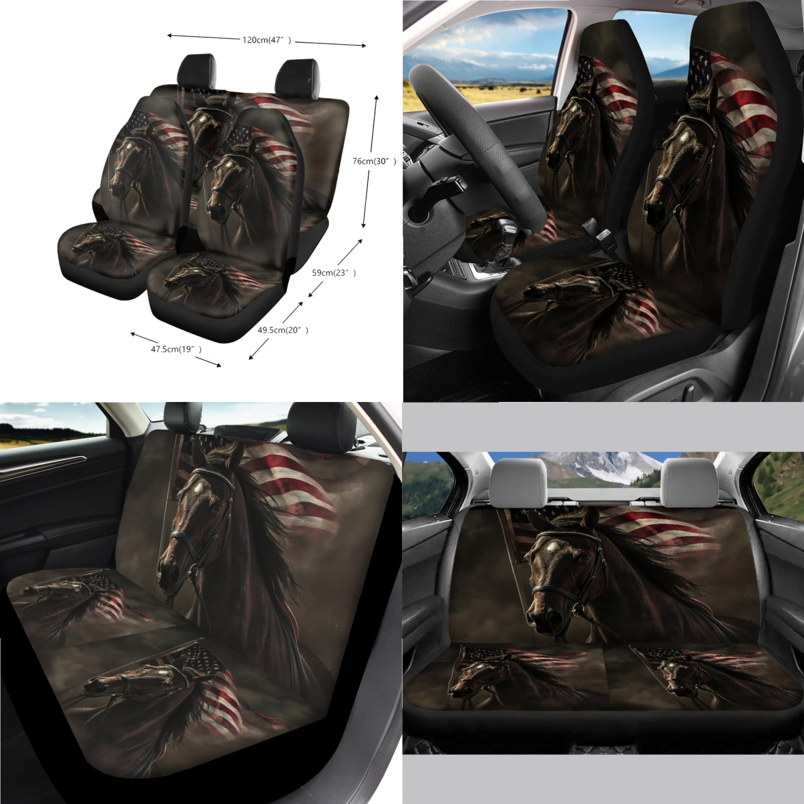 Jeiento Horse Car Seat Cover Full Set of 14 Car Seat Protector Auto Steering Wheel Cover Seatbelt Pads Armrest Cushion American Flag Trash Can Rearview Mirror Cover Handbrake Cover Set Coasters