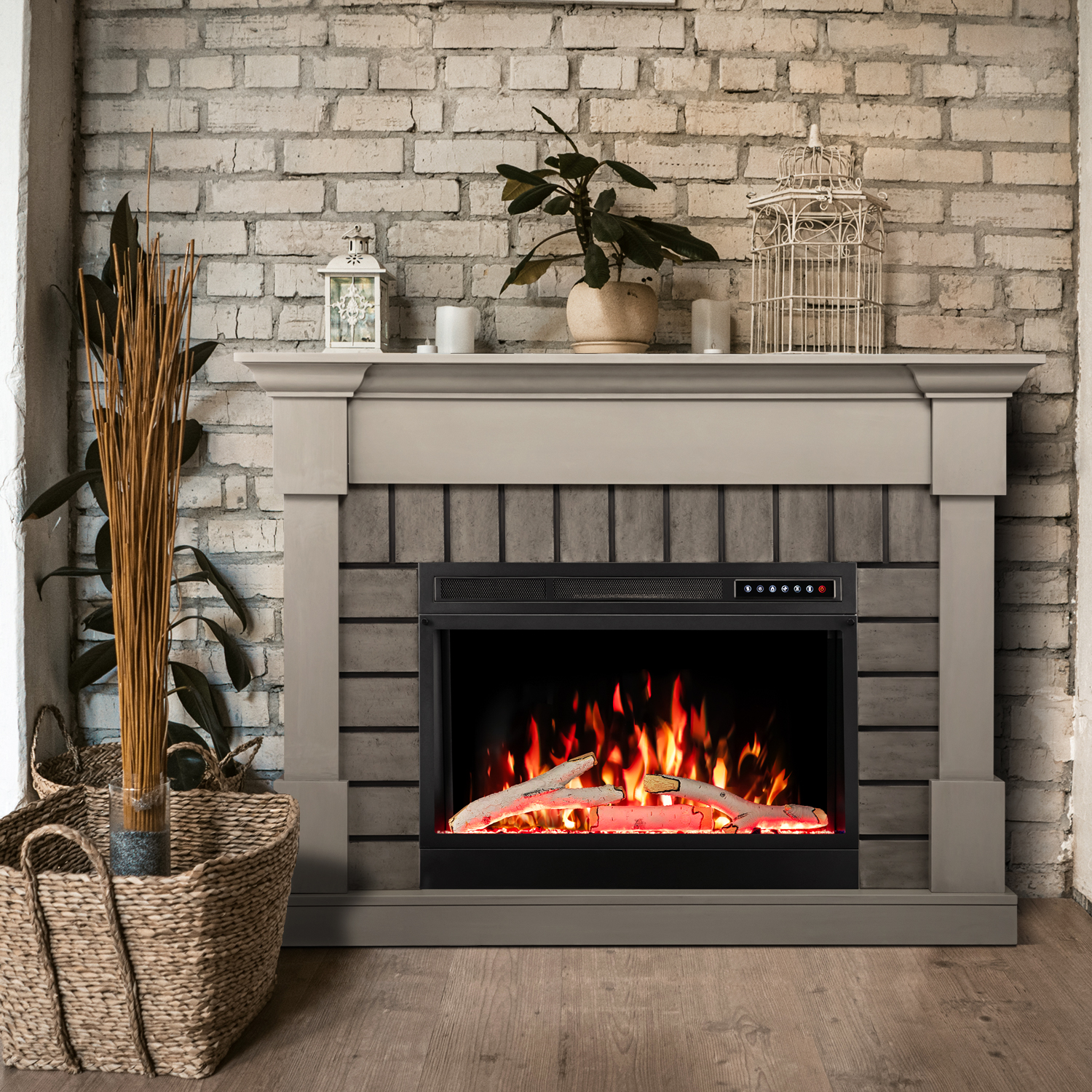 WAA Electric Fireplace Mantel Package Wooden Surround Firebox TV Stand Free Standing Electric Fireplace Heater,Remote Control,4 Flame Colors,12 Flame Bed Colors,5 Flame Brightness,5 Speeds,GREY