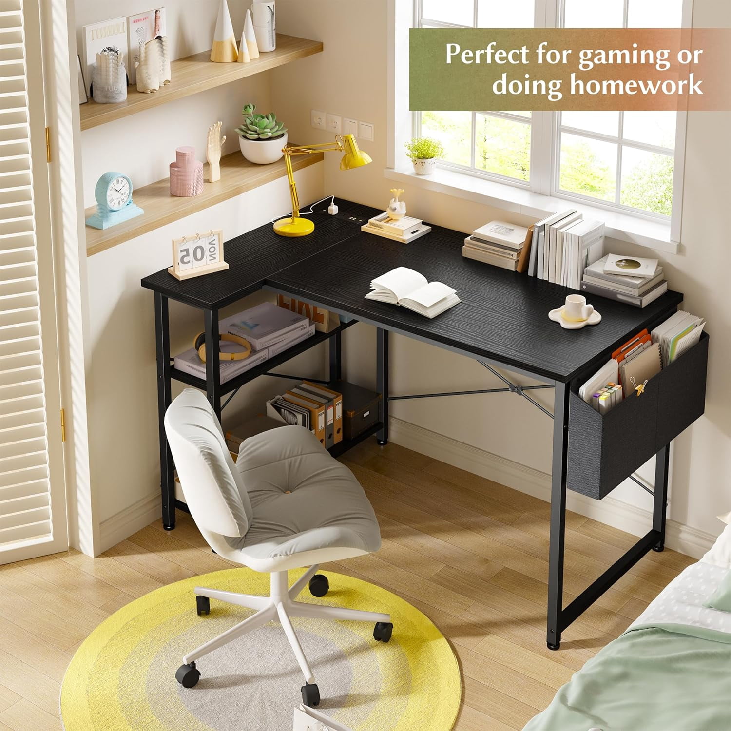 CHTER Small Computer Desk with Storage Shelves & Side Bag, 40 Inch L Shaped Gaming Desk with Power Outlets, Corner Desk Study Writing Table for Home Office Bedroom Living Room, Black