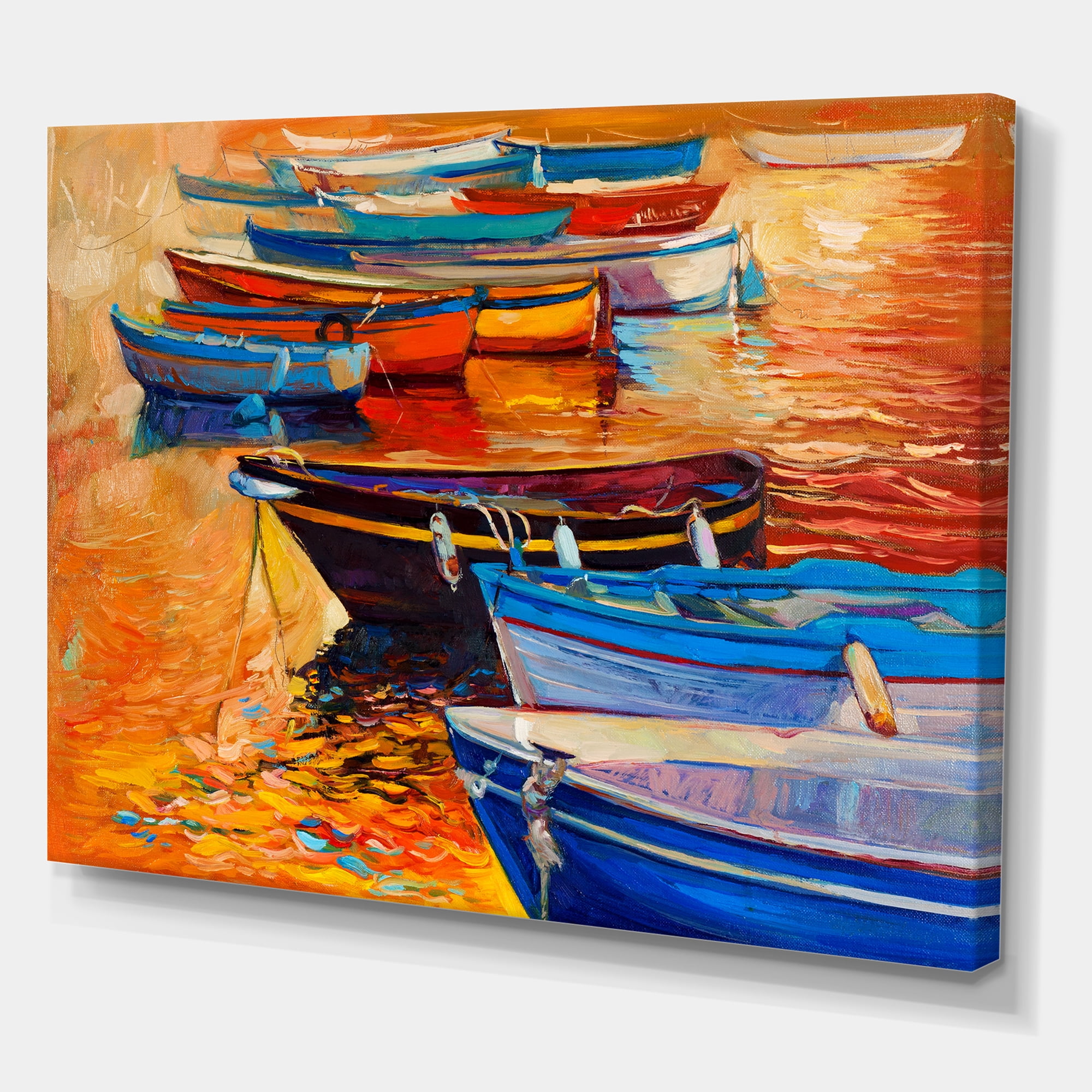 Designart ' Boats During Warm Colourd Sunset In The Harbor I ' Nautical & Coastal Canvas Wall Art Print