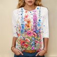 thumbnail image 4 of Towmus 3/4 Length Sleeve Womens Tops Cotton Floral Print Dressy Blouses Crew Neck Casual Tunic Tops Summer Shirts, 4 of 5