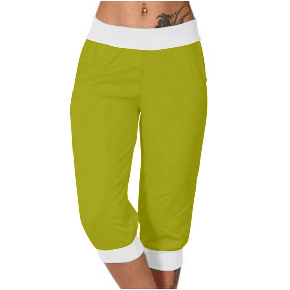 ersvoioy Womens Capri Pants Solid Color High Waist Elastic Waistband Straight Casual Sport Trousers with Pockets for Summer Army Green XL