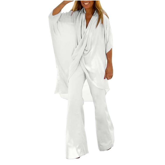 Conjunto de camiseta y pantalones de manga 3/4 con cuello en V liso de gran tamaño para mujer Wmkox8yi bvn3021