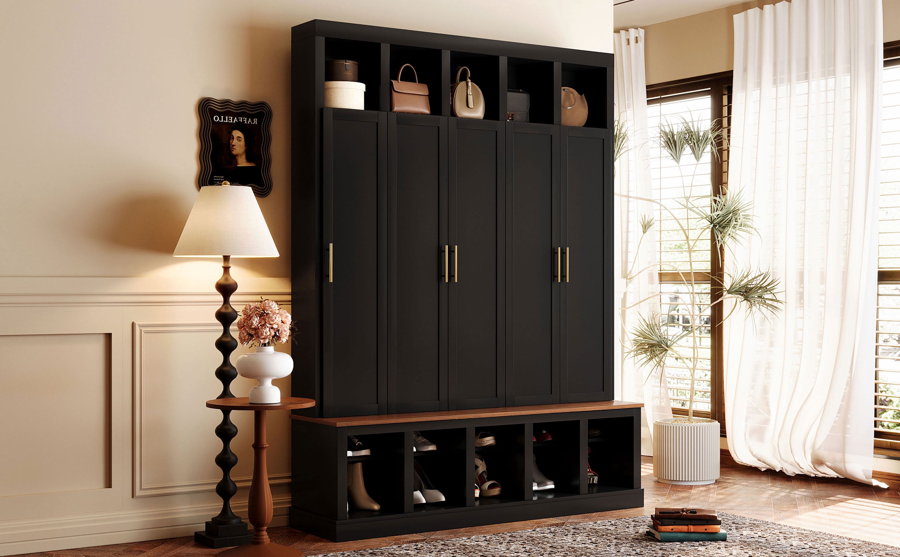 Mintazer 76” Tall Farmhouse Hall Tree with Shoe Rack Bench & Display Cubbies, Storage Cabinet with 3 Doors Closet for Entryway, Living Room, Bedroom, Black