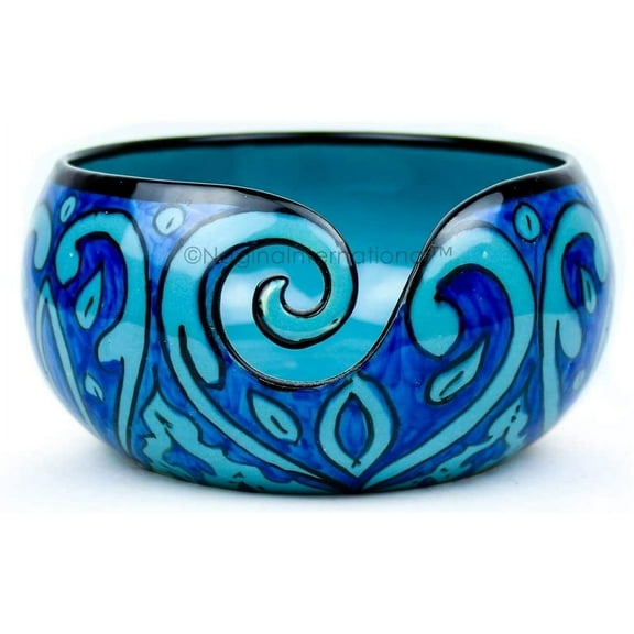 Nagina International Ceramic Attractively Hand Painted Gorgeous Stoneware Yarn Ball Storage Bowl with Innovative Dispensing Curl | Knitting & Crochet Accessions (Small, Deep Water Blue)