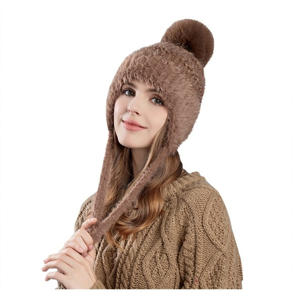 ZQUUVOU Winter Knitted Beanie Hat for Women Plush Trim Outdoor Warm Fluffy Velvet Ear Warmer Fashion Knitted Wool Hat Coffee