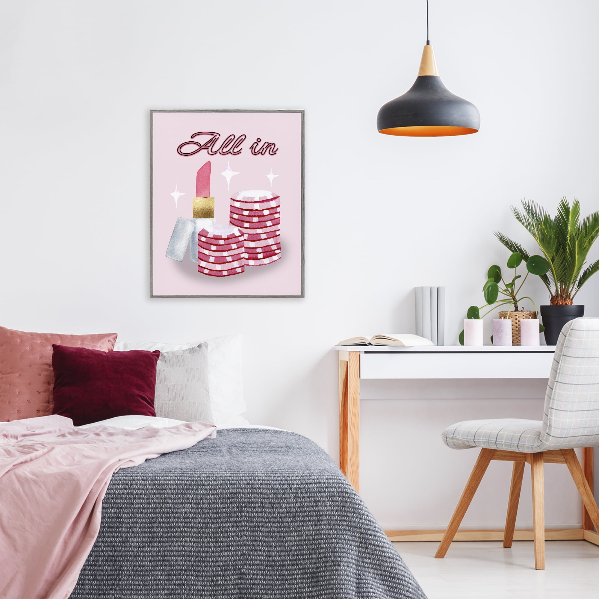 All In Poker Chips & Lipstick Gray Framed Giclee Art, design by Nina Jacobs