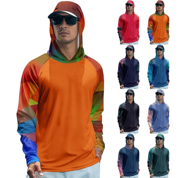 Men's UPF 50  Sun Protection Hooded Shirt with Integrated Face Cover Long Sleeve Lightweight Rash Guard Shirts for Fishing Hiking Camping Or Outdoor Sports Blue L