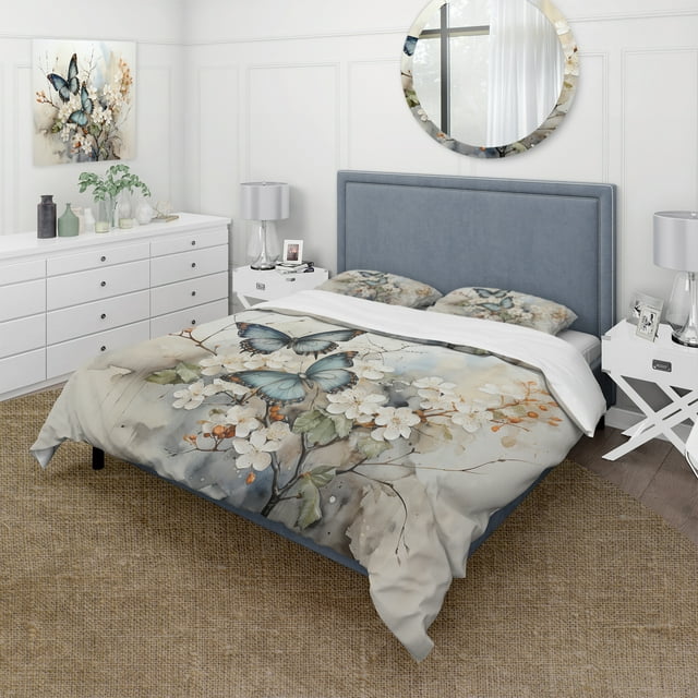 Designart "Azure Pearl Butterfly Moment Of Chance" Animals Bedding Covert Set - Butterfly Blue Children's Art Bed Set With 1 Sham
