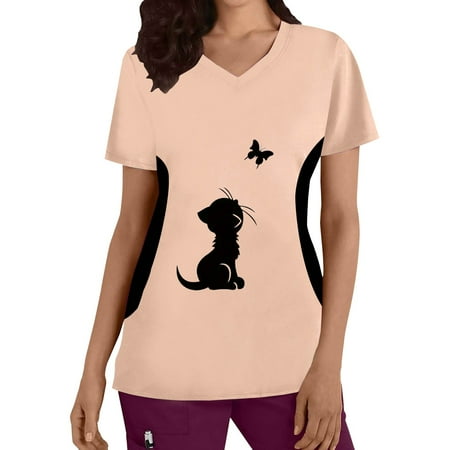 

Scrubs Tops For Women Print Plus Size Top V-Neck Short Sleeved Cats American Flag Prints Nursing Uniforms