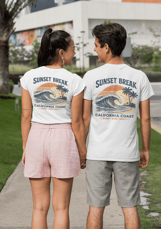 Sunset Break Surf T-Shirt – California Coast Wave Graphic Tee, Vintage Beach Shirt, Front & Back Print Unisex Crewneck