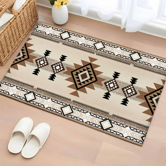 Southwest Bathroom Rug Washable 2x3 Entryway Rug Non Slip Brown Bohemian Abstract American Aztec Front Door Mat Low Pile Indoor Doormat Throw Floor Carpet for Kitchen Bedroom Entrance