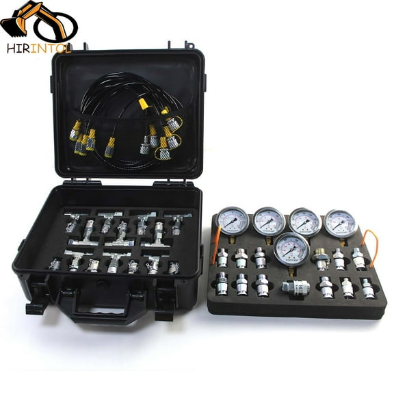 HIRINTOL Hydraulic Pressure Test Kit with 5 Gauges, 5 Test Hoses, 13 Couplings, 14 Tee Connectors, Hydraulic Test Gauge Kit for Construction Machinery Excavator