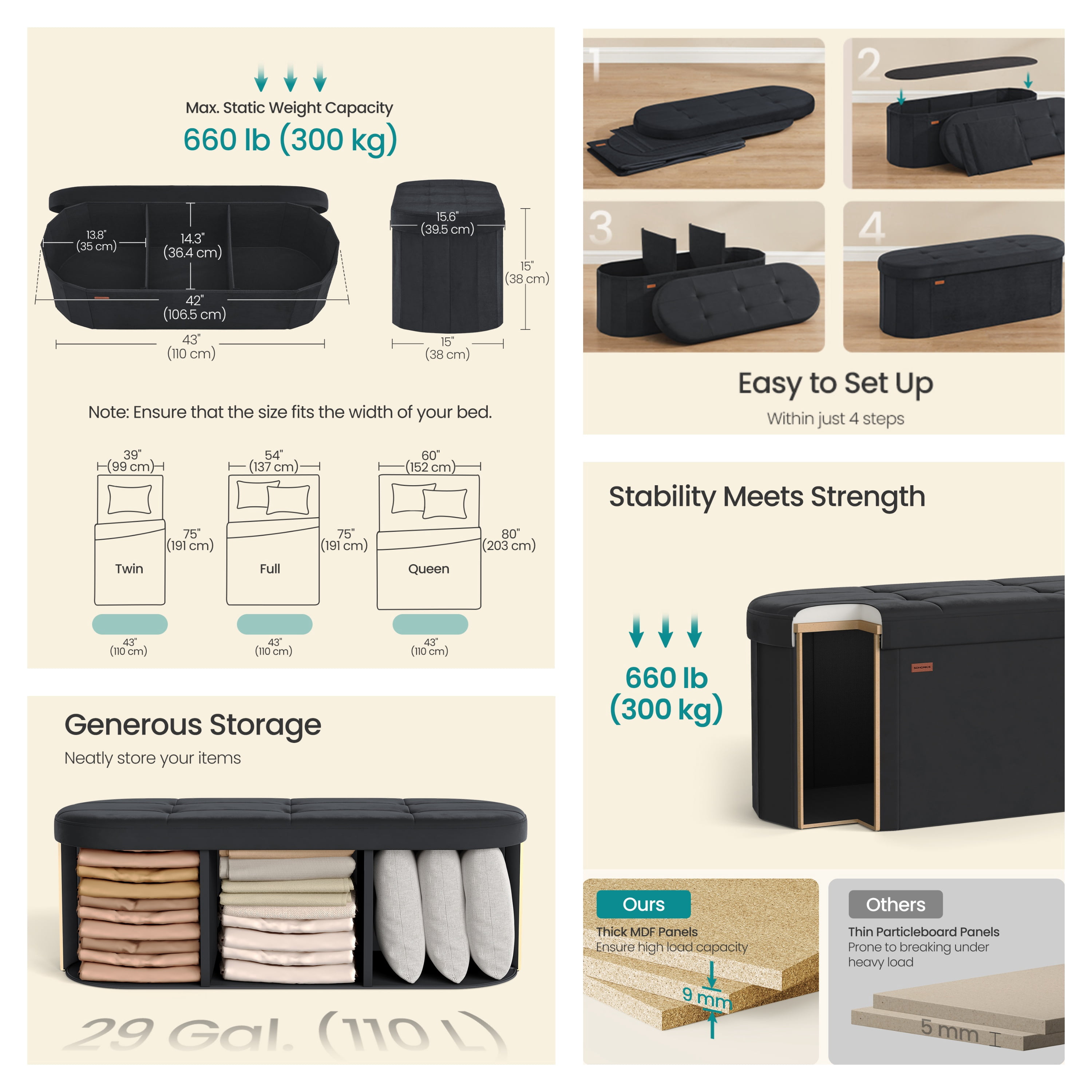LEDREM 43" Foldable Storage Ottoman Bench, Velvet Fabric Ottoman with 2 Internal Dividers, Footrest for Bedroom Living Room, Ink Black