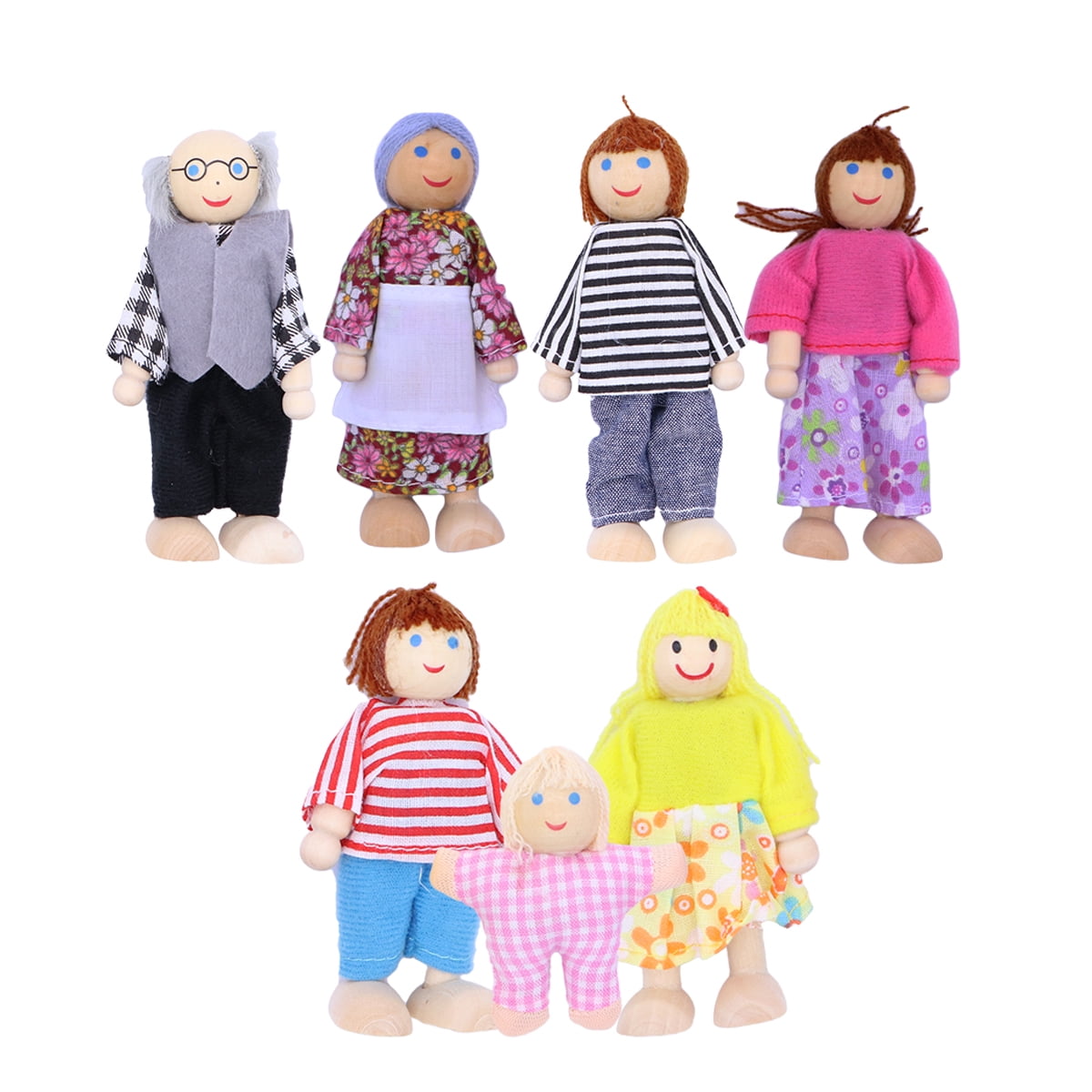 7pcs Mini House Figure Toy Kids Wooden Dolls Family Pretend Play Set Gift 
