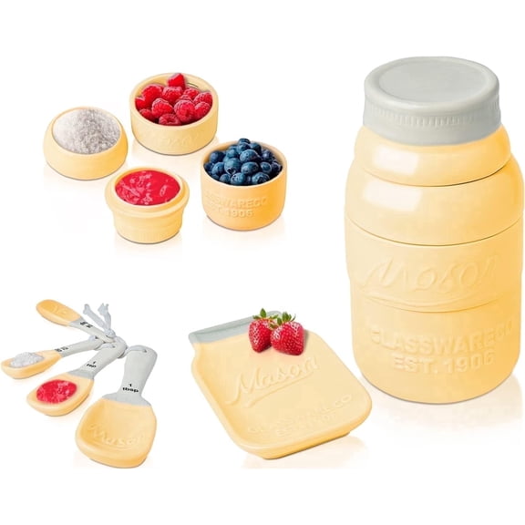 Comfify Mason Jar Ceramic Measuring Cups & Spoons Set with Spoon Rest, 9-Piece, Yellow